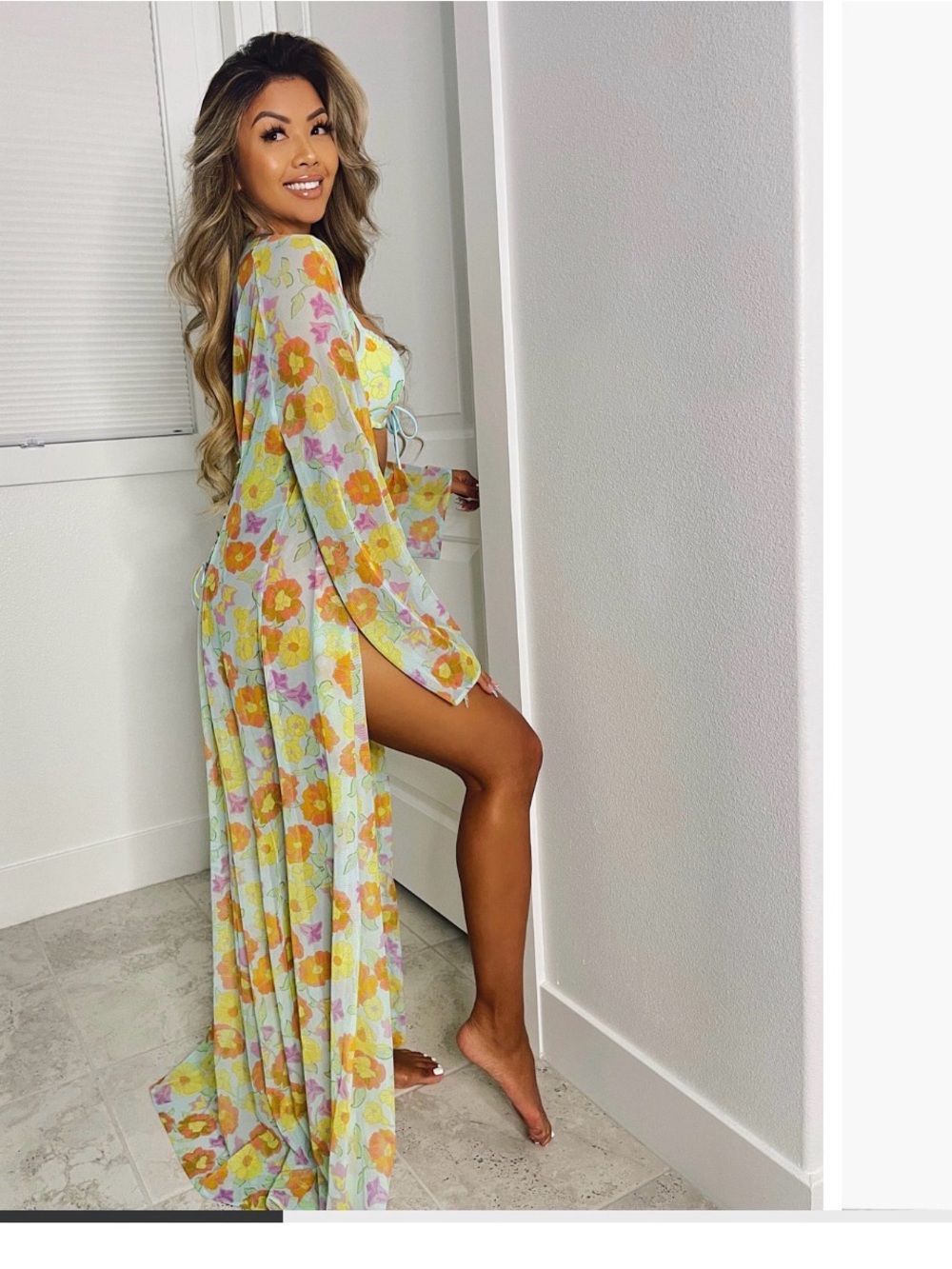 Savage X Fenty Floral Long Sheer Robe in Yellow & Pink